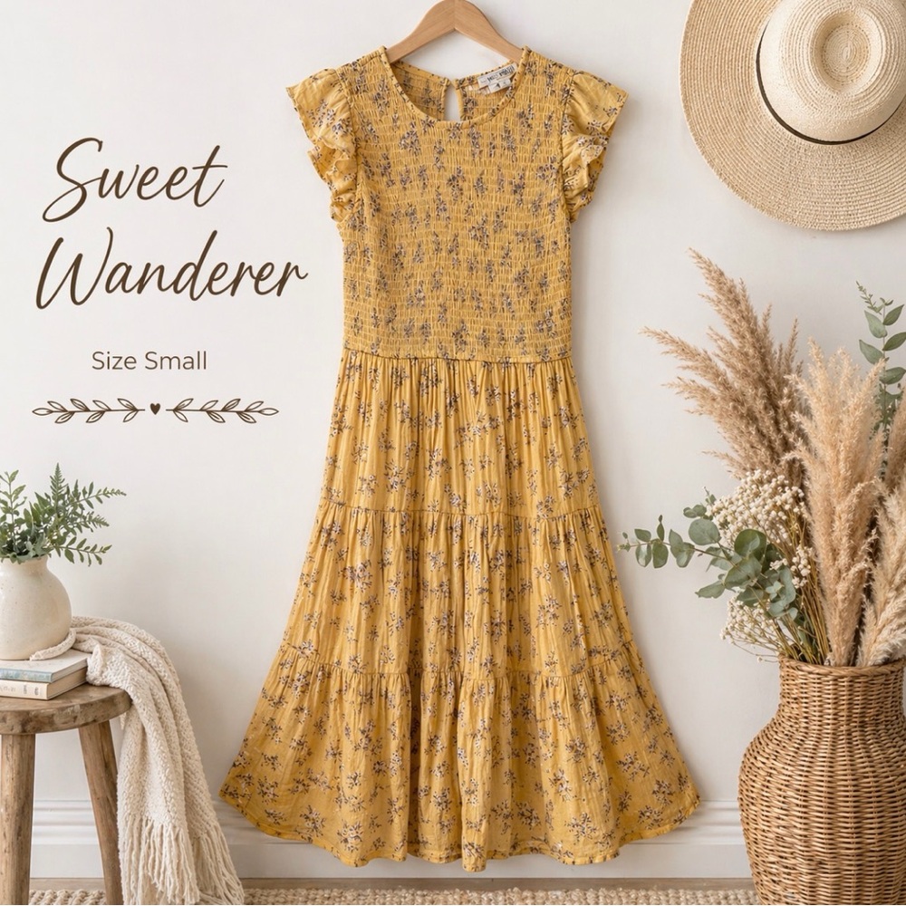 Sweet Wanderer Yellow Floral Smocked Midi Dress Small Boho Cottagecore